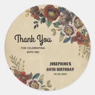 Verjaardagssticker met vintage bloemen bedankt ronde sticker