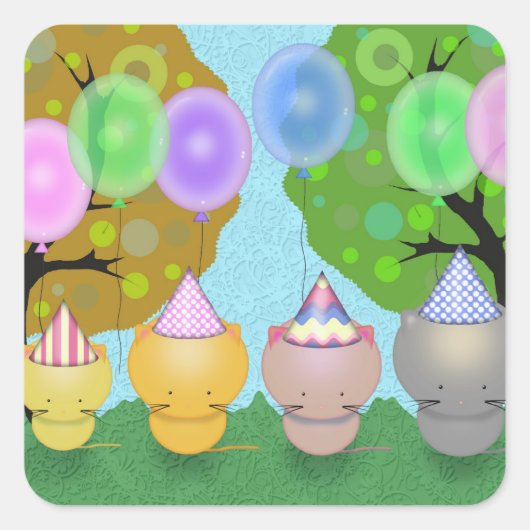 Verjaardagsstickers met knuffelkatjes en ballonnen vierkante sticker (Voorkant)