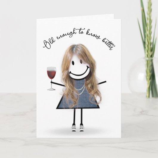 Verjaardagsstickfiguur met wijn glas kaart (Voorkant)