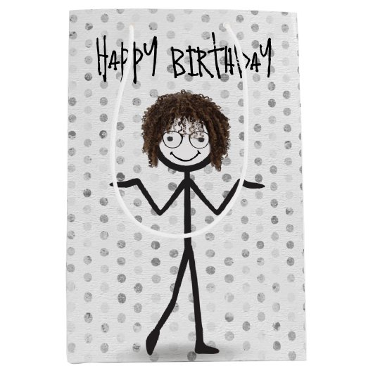 Verjaardagsstok figuur meisje met haar en glazen medium cadeauzakje (Voorkant)