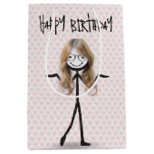 Verjaardagsstok figuur meisje met haar en glazen medium cadeauzakje (Voorkant)