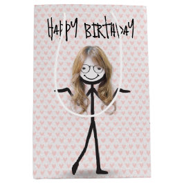 Verjaardagsstok figuur meisje met haar en glazen medium cadeauzakje