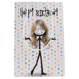Verjaardagsstok figuur meisje met haar en glazen medium cadeauzakje