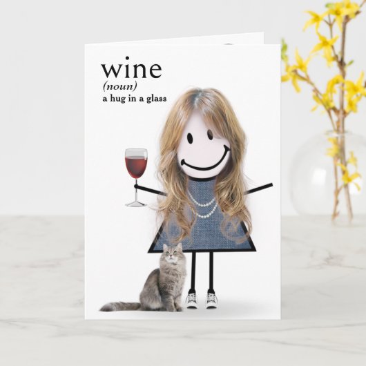 Verjaardagsstok figuur meisje met wijn en kat kaart (Gele Bloem)