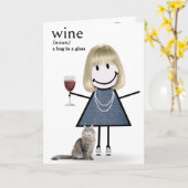 Verjaardagsstok figuur meisje met wijn en kat kaart (Gele Bloem)