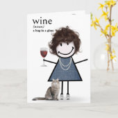 Verjaardagsstok figuur meisje met wijn en kat kaart (Gele Bloem)