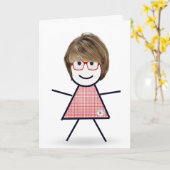 Verjaardagsstokfiguur meisje met haar voor zus kaart (Gele Bloem)