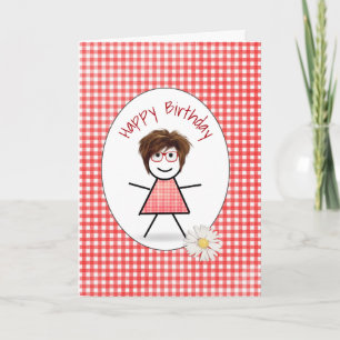 Verjaardagsstokfiguurn op Gingham Kaart