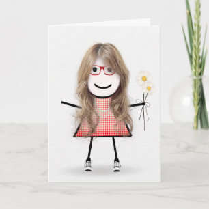 Verjaardagsstokfiguurtje Met Madeliefjes Kaart