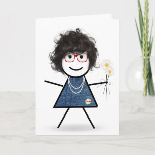 Verjaardagsstokpoppetje met madeliefjes kaart