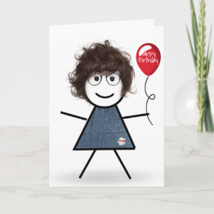 Verjaardagsstokpoppetje met rode ballon kaart