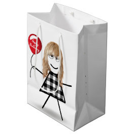 Verjaardagsstokpoppetje met rode ballon medium cadeauzakje