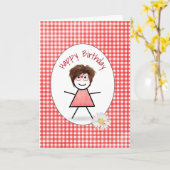 Verjaardagsstokpoppetje op Gingham Kaart (Gele Bloem)