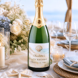 Verjaardagsstrand kustschelp sparkling wijnetiket