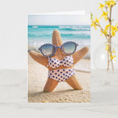 Verjaardagsstrand Starfish Dragen van een Bikini Kaart (Gele Bloem)