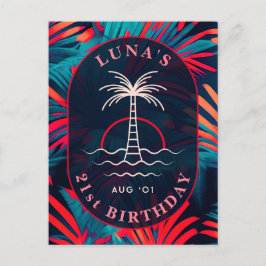 Verjaardagsstrandfeest Palmboombladeren zonsonderg Briefkaart