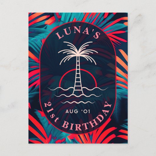 Verjaardagsstrandfeest Palmboombladeren zonsonderg Briefkaart (Voorkant)