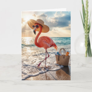 Verjaardagsstrandflamingo met zonnebril kaart