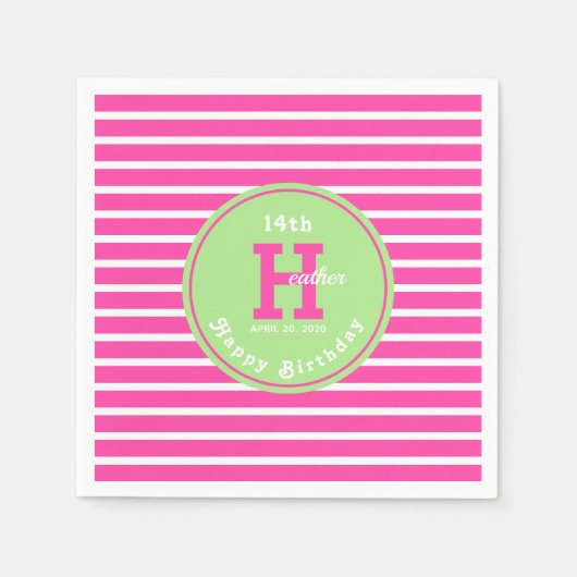 Verjaardagsstrepen Roze⎮Wit Groen Servet (Voorkant)