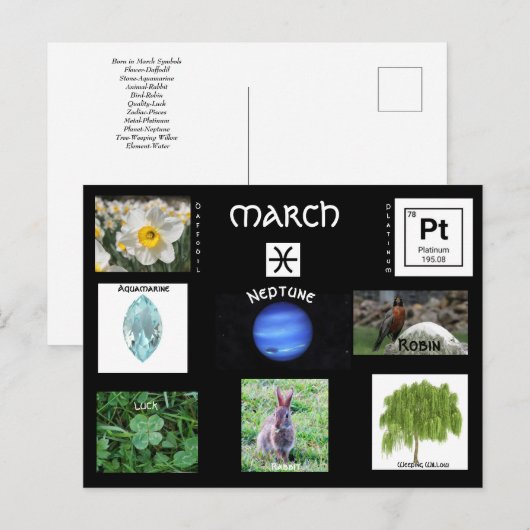 Verjaardagssymbolen in maart briefkaart (Voorkant / Achterkant)