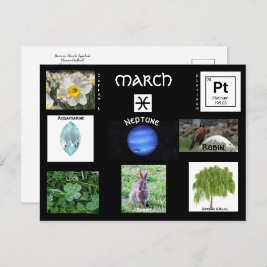 Verjaardagssymbolen maart ansichtkaart briefkaart (Voorkant / Achterkant)