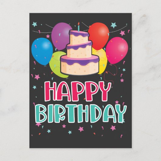 Verjaardagstaart Ballon Feest Confetti Briefkaart (Voorkant)