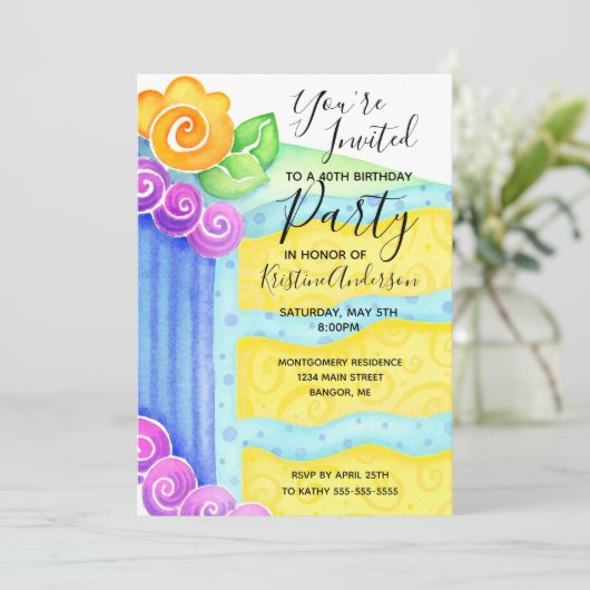 Verjaardagstaart Blauw Geel Bloemen 40e Partij Kaart (Staand voorkant)