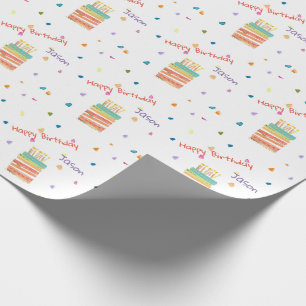 Verjaardagstaart en confetti op maat gemaakte inpa cadeaupapier
