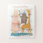 Verjaardagstaart en leuke dieren: beer giraffe legpuzzel<br><div class="desc">"Happy Birthday" legpuzzel in pastelkleuren met taart en leuke grappige beesten - beer,  giraffe,  vogeltje,  krokodil - voor kinderen en volwassenen.</div>