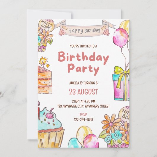 Verjaardagstaart Kinderfeest Uitnodiging (Voorkant)