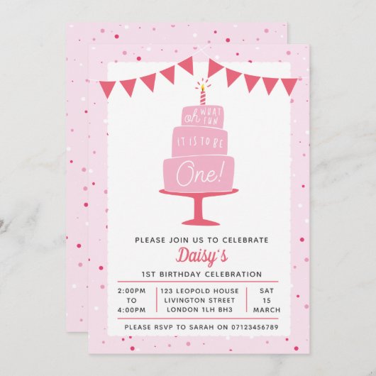 Verjaardagstaart Meisjes 1e verjaardag uitnodiging (Voorkant / Achterkant)