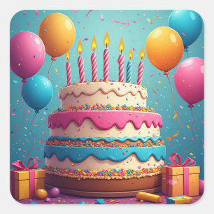 🎂 Verjaardagstaart Met Cadeaus En Ballonnen Vierkante Sticker