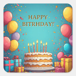 🎂 Verjaardagstaart met kaarsen en ballonnen achte Vierkante Sticker
