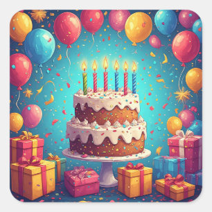 🎂 Verjaardagstaart met kleurrijke confetti Vierkante Sticker