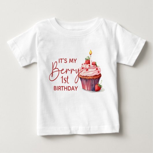 Verjaardagstaart met roze rode aardbei cupcake voo (Voorkant)