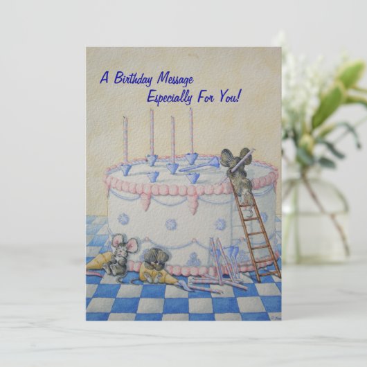 verjaardagstaart met schattige kleine muiscard kaart (Staand voorkant)