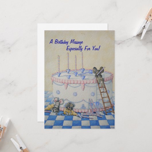 verjaardagstaart met schattige kleine muiscard kaart (Voorkant / Achterkant in situ)