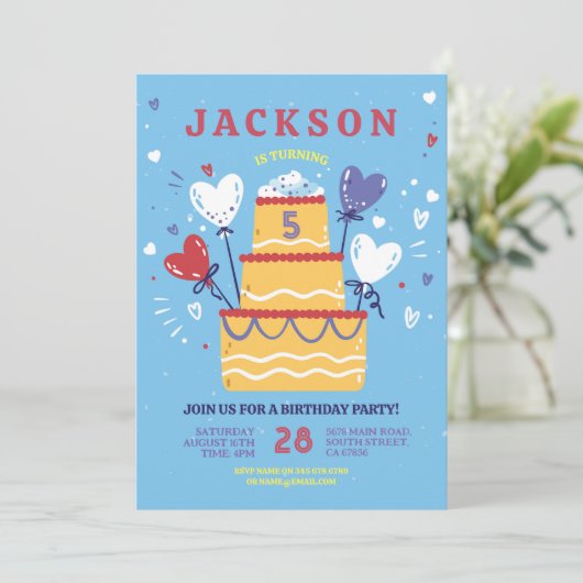 Verjaardagstaart Nodig Blue Boys Balloons Party ui Kaart (Staand voorkant)