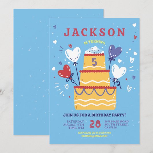 Verjaardagstaart Nodig Blue Boys Balloons Party ui Kaart (Voorkant / Achterkant)