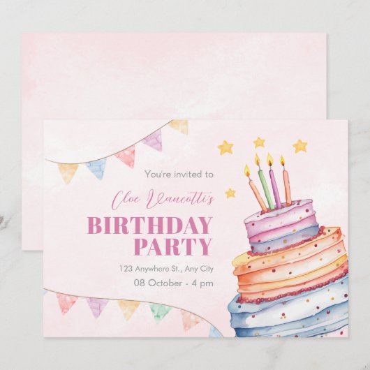 Verjaardagstaart pastel kleuren kaart (Voorkant / Achterkant)