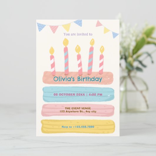 Verjaardagstaart pastel kleuren kaart (Staand voorkant)