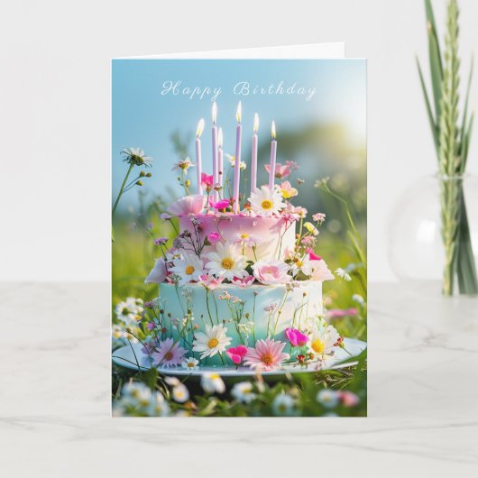 Verjaardagstaart Roze Kaarsen Lente Bloemen Kaart (Voorkant)