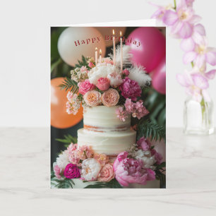 Verjaardagstaart Roze Pioenrozen Rozen Veren Kaart