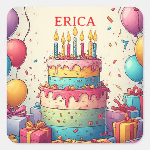 🎂 Verjaardagstaart Viering Met Ballonnen En Cadea Vierkante Sticker
