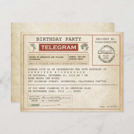 verjaardagstelegramuitnodiging kaart (Voorkant / Achterkant)