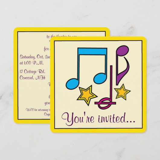 Verjaardagstheater, musical of filmfeest met notit kaart (Voorkant / Achterkant)