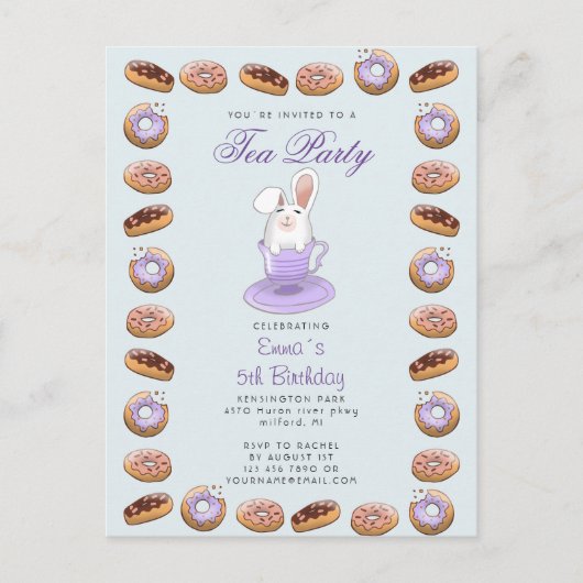 verjaardagstheefeestje nodigt bunny en donuts uit briefkaart (Voorkant)