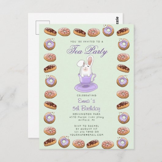 verjaardagstheefeestje nodigt bunny en donuts uit briefkaart (Voorkant / Achterkant)