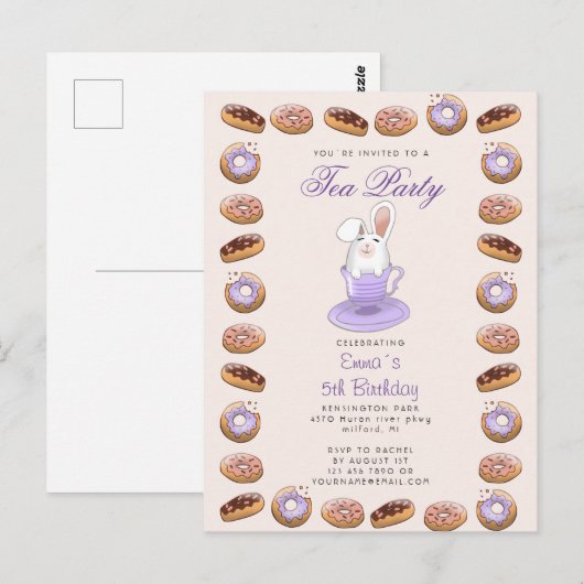 verjaardagstheefeestje nodigt bunny en donuts uit briefkaart (Voorkant / Achterkant)