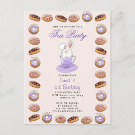 verjaardagstheefeestje nodigt bunny en donuts uit briefkaart